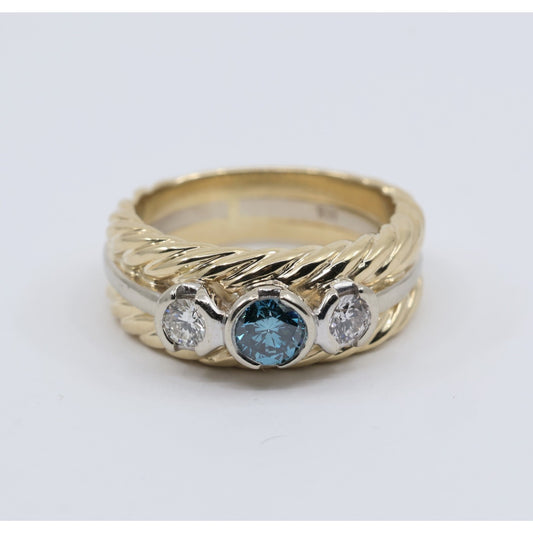 14K Two Tone Gold Greenish Blue & White Diamond Three Stone Ring
