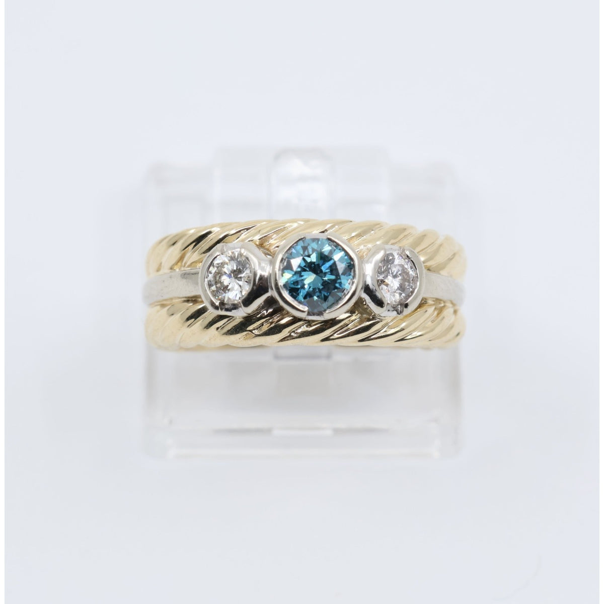 14K Two Tone Gold Greenish Blue & White Diamond Three Stone Ring