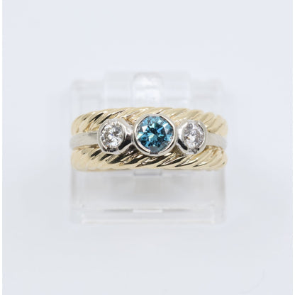 14K Two Tone Gold Greenish Blue & White Diamond Three Stone Ring