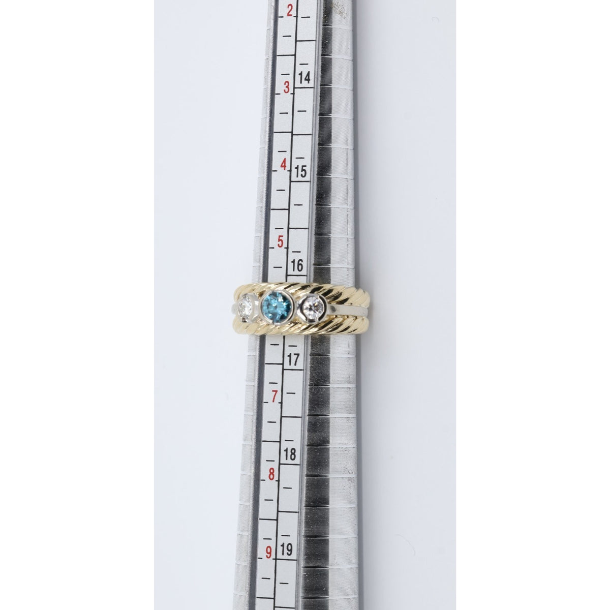 14K Two Tone Gold Greenish Blue & White Diamond Three Stone Ring