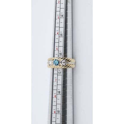 14K Two Tone Gold Greenish Blue & White Diamond Three Stone Ring