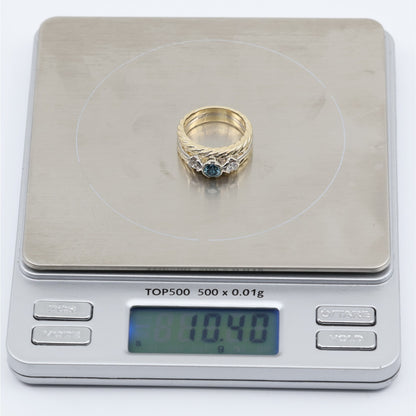 14K Two Tone Gold Greenish Blue & White Diamond Three Stone Ring