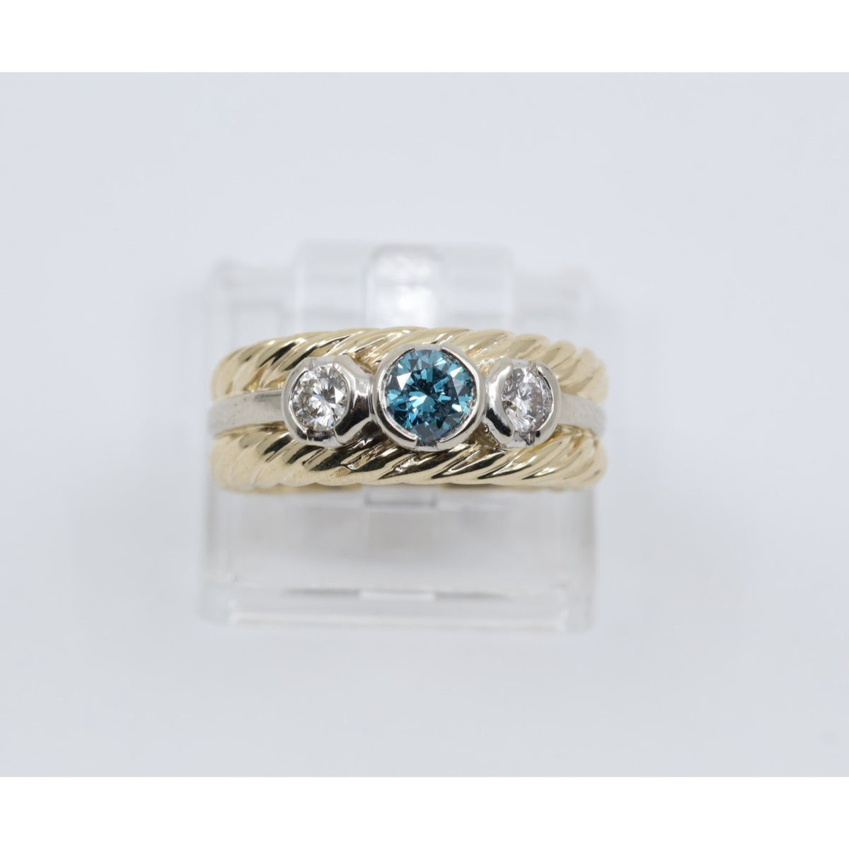 14K Two Tone Gold Greenish Blue & White Diamond Three Stone Ring