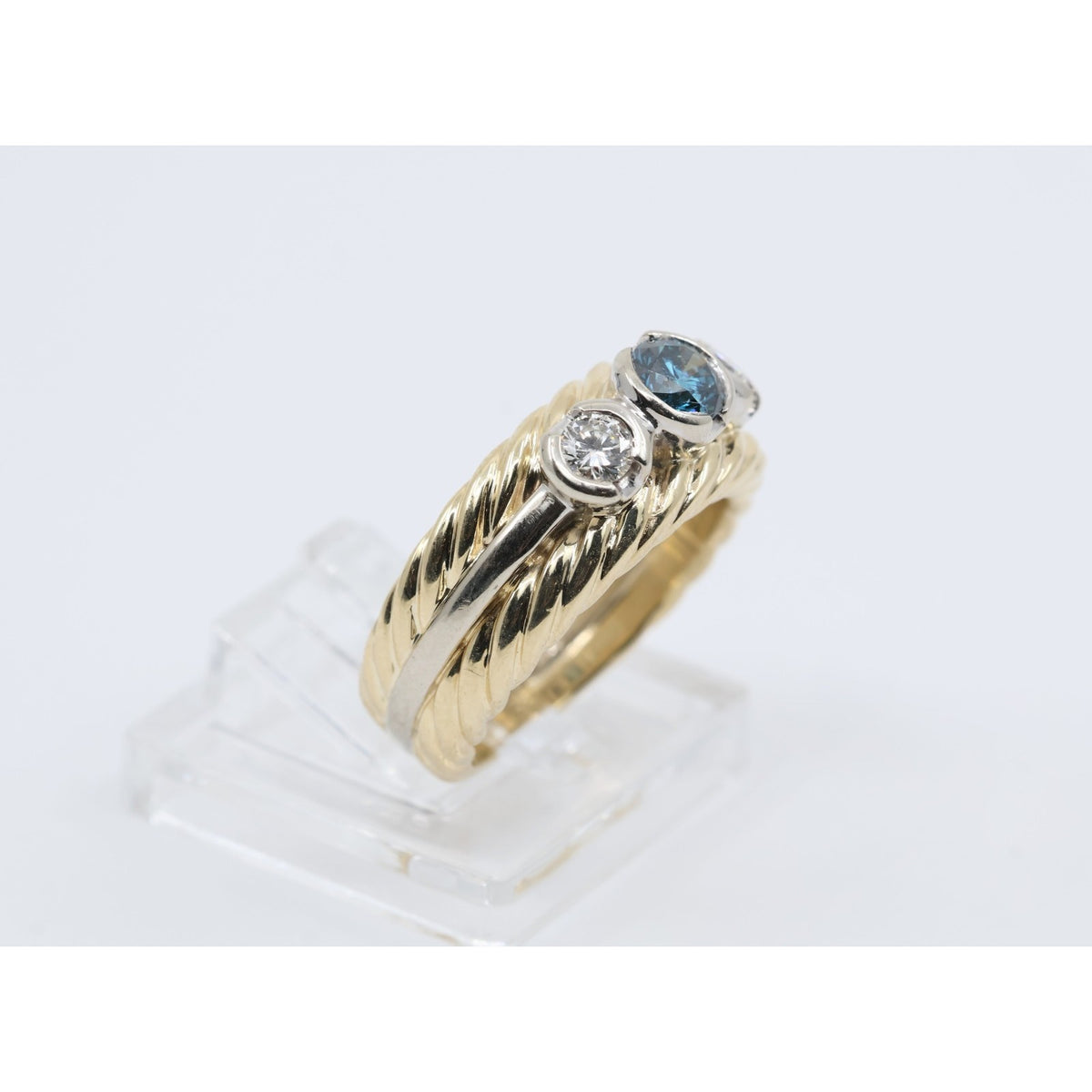 14K Two Tone Gold Greenish Blue & White Diamond Three Stone Ring