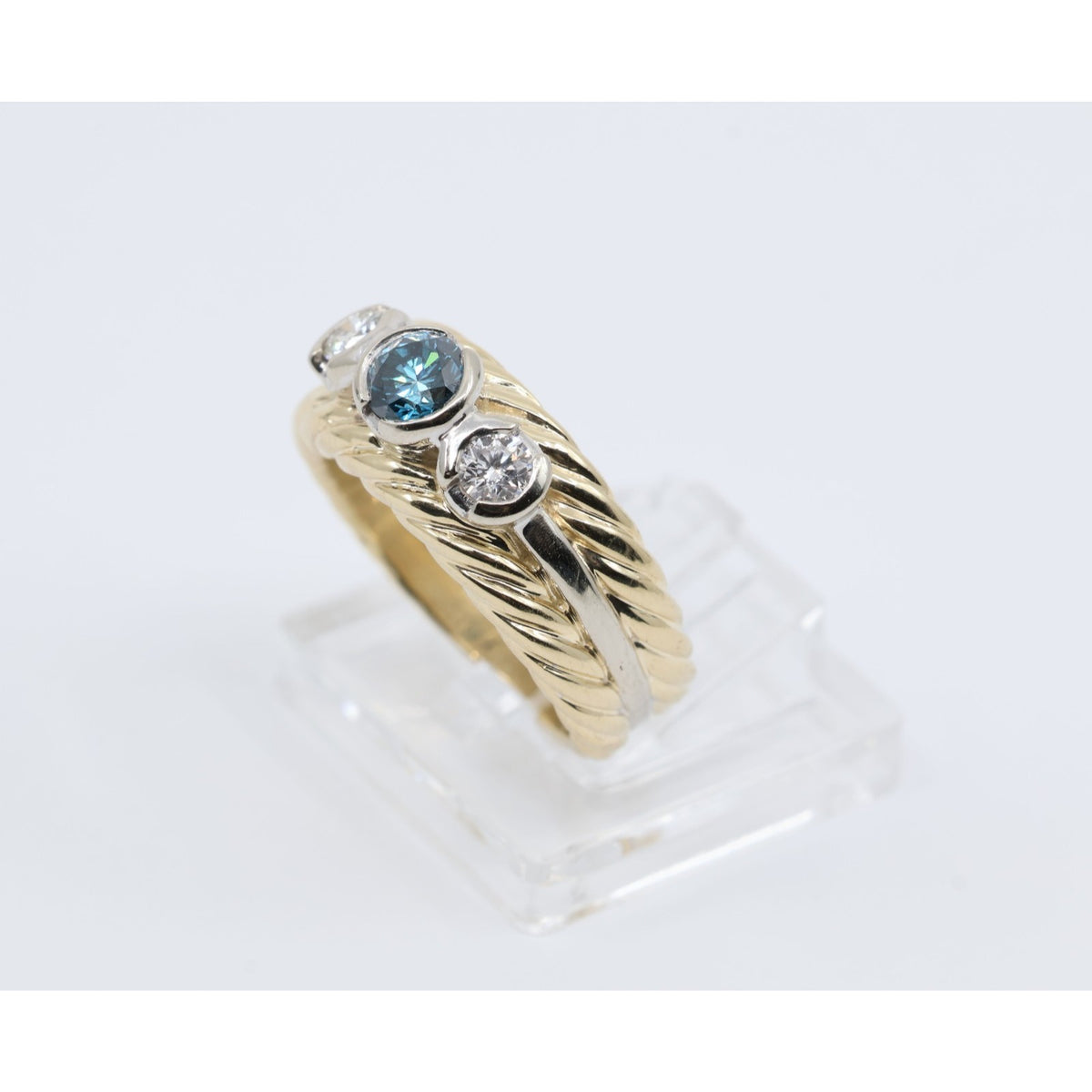 14K Two Tone Gold Greenish Blue & White Diamond Three Stone Ring
