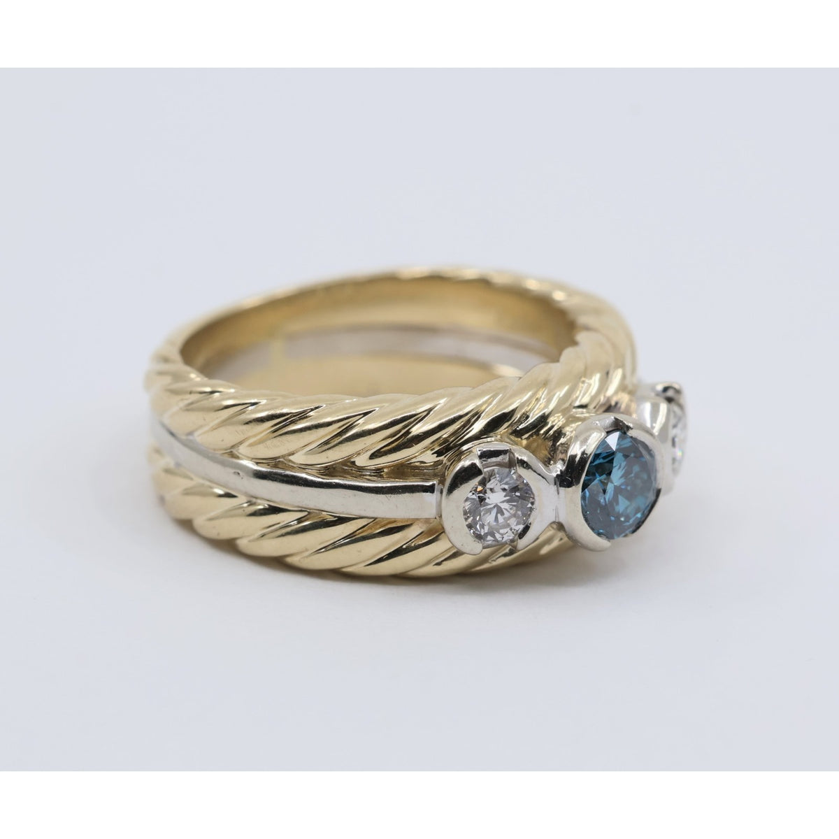 14K Two Tone Gold Greenish Blue & White Diamond Three Stone Ring