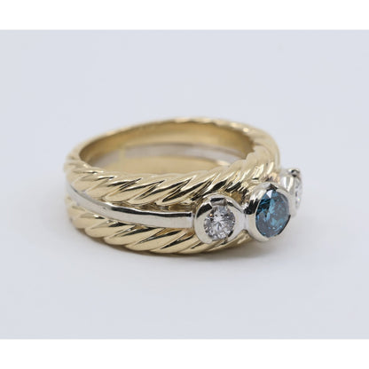 14K Two Tone Gold Greenish Blue & White Diamond Three Stone Ring