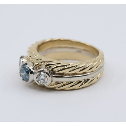 14K Two Tone Gold Greenish Blue & White Diamond Three Stone Ring