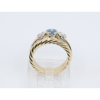 14K Two Tone Gold Greenish Blue & White Diamond Three Stone Ring