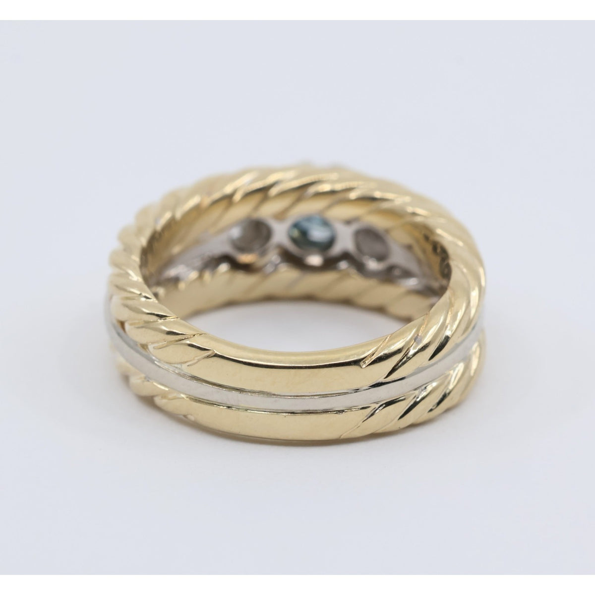 14K Two Tone Gold Greenish Blue & White Diamond Three Stone Ring