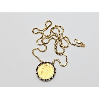 18K Yellow Gold Rounded Box Link Chain Necklace 22K Sovereign Gold Charm Pendant