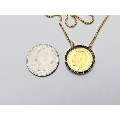 18K Yellow Gold Rounded Box Link Chain Necklace 22K Sovereign Gold Charm Pendant