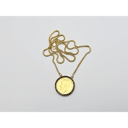 18K Yellow Gold Rounded Box Link Chain Necklace 22K Sovereign Gold Charm Pendant