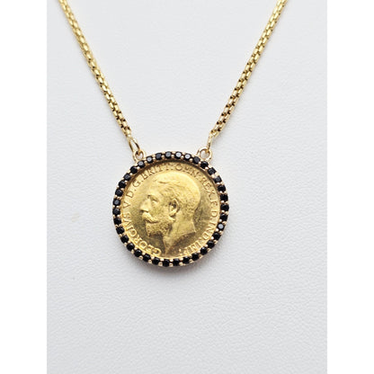 18K Yellow Gold Rounded Box Link Chain Necklace 22K Sovereign Gold Charm Pendant