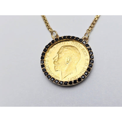 18K Yellow Gold Rounded Box Link Chain Necklace 22K Sovereign Gold Charm Pendant