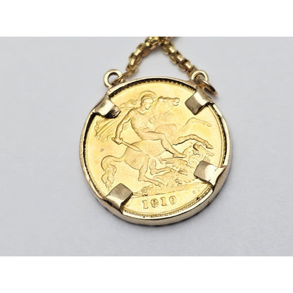 18K Yellow Gold Rounded Box Link Chain Necklace 22K Sovereign Gold Charm Pendant