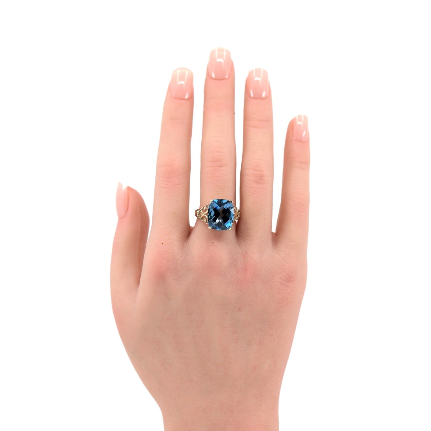 14K Yellow Gold Large Rectangular Blue Topaz Filigree Cocktail Ring