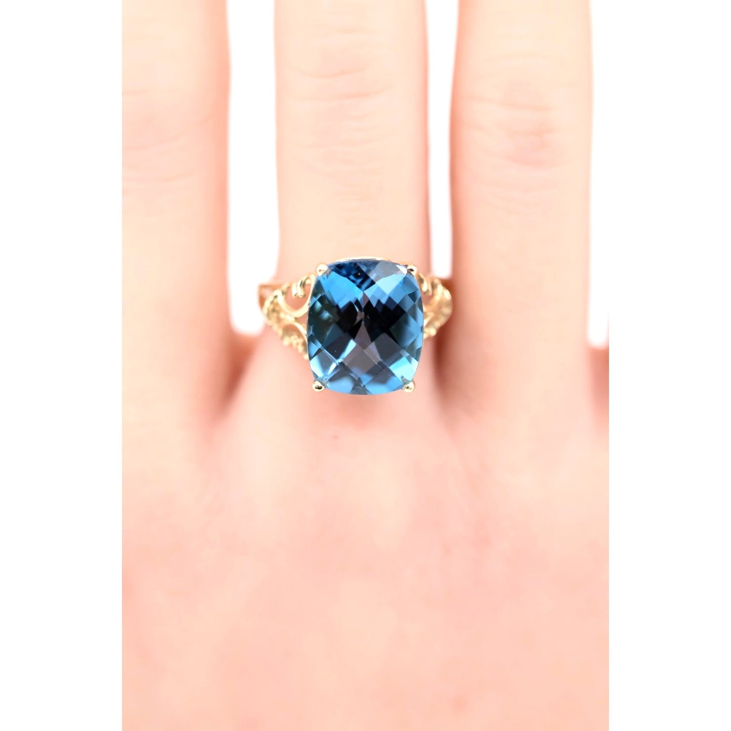 14K Yellow Gold Large Rectangular Blue Topaz Filigree Cocktail Ring