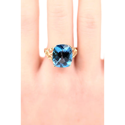 14K Yellow Gold Large Rectangular Blue Topaz Filigree Cocktail Ring
