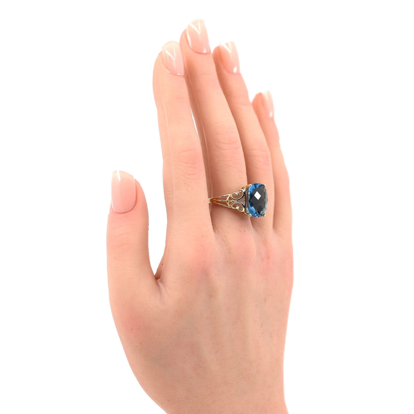 14K Yellow Gold Large Rectangular Blue Topaz Filigree Cocktail Ring