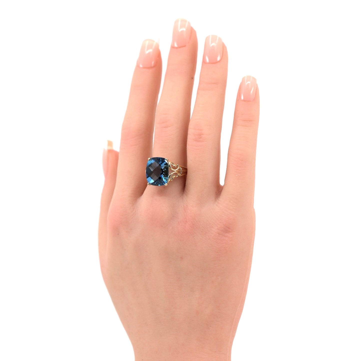 14K Yellow Gold Large Rectangular Blue Topaz Filigree Cocktail Ring