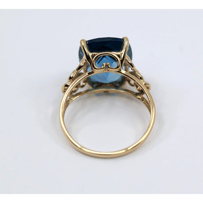 14K Yellow Gold Large Rectangular Blue Topaz Filigree Cocktail Ring