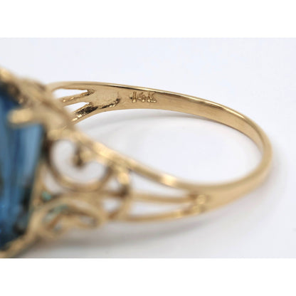 14K Yellow Gold Large Rectangular Blue Topaz Filigree Cocktail Ring