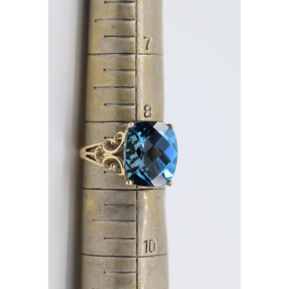 14K Yellow Gold Large Rectangular Blue Topaz Filigree Cocktail Ring