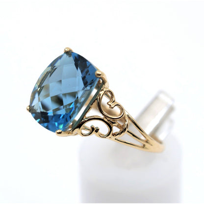 14K Yellow Gold Large Rectangular Blue Topaz Filigree Cocktail Ring