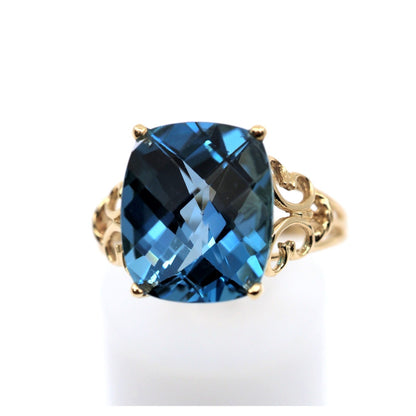 14K Yellow Gold Large Rectangular Blue Topaz Filigree Cocktail Ring