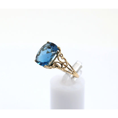 14K Yellow Gold Large Rectangular Blue Topaz Filigree Cocktail Ring