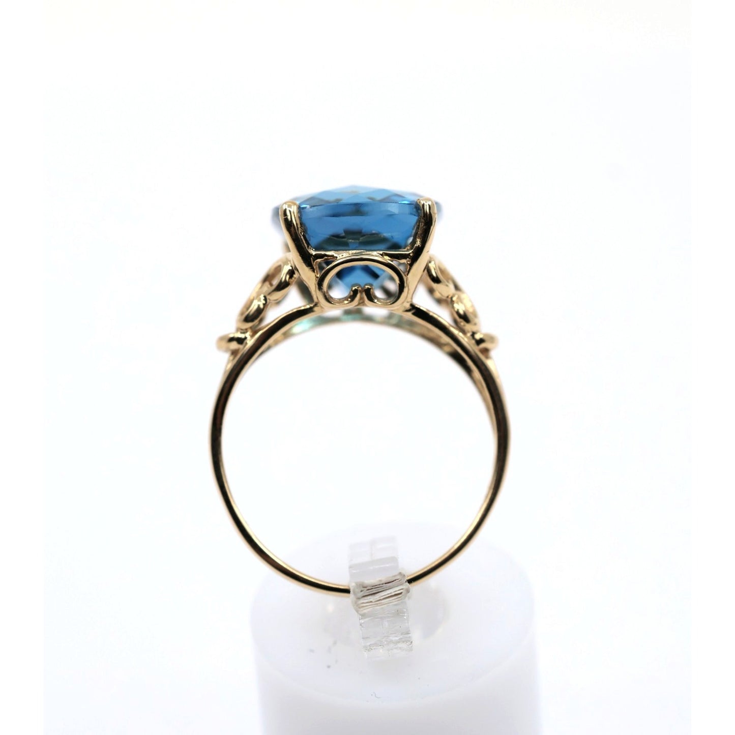 14K Yellow Gold Large Rectangular Blue Topaz Filigree Cocktail Ring