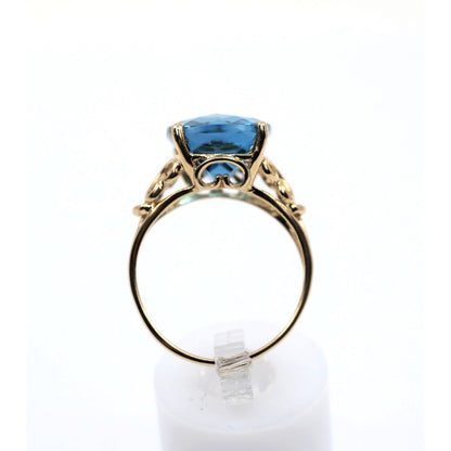 14K Yellow Gold Large Rectangular Blue Topaz Filigree Cocktail Ring