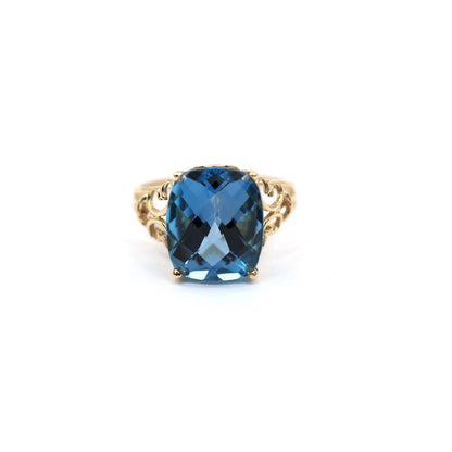 14K Yellow Gold Large Rectangular Blue Topaz Filigree Cocktail Ring
