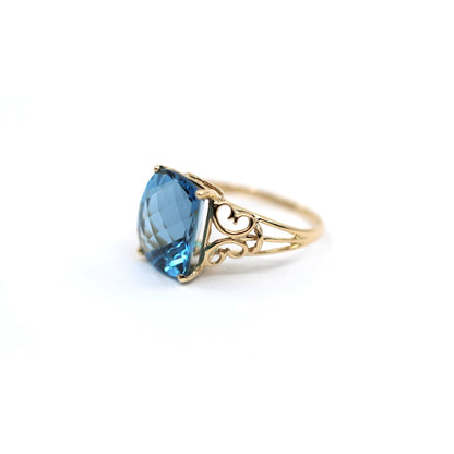 14K Yellow Gold Large Rectangular Blue Topaz Filigree Cocktail Ring