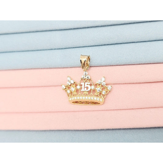 14K Two Tone Gold CZ Quinceanera Crown Tiara 15 Pendant Charm