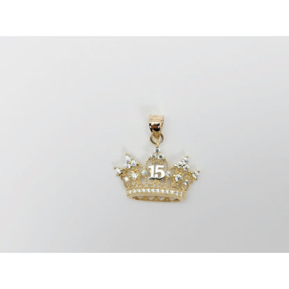 14K Two Tone Gold CZ Quinceanera Crown Tiara 15 Pendant Charm