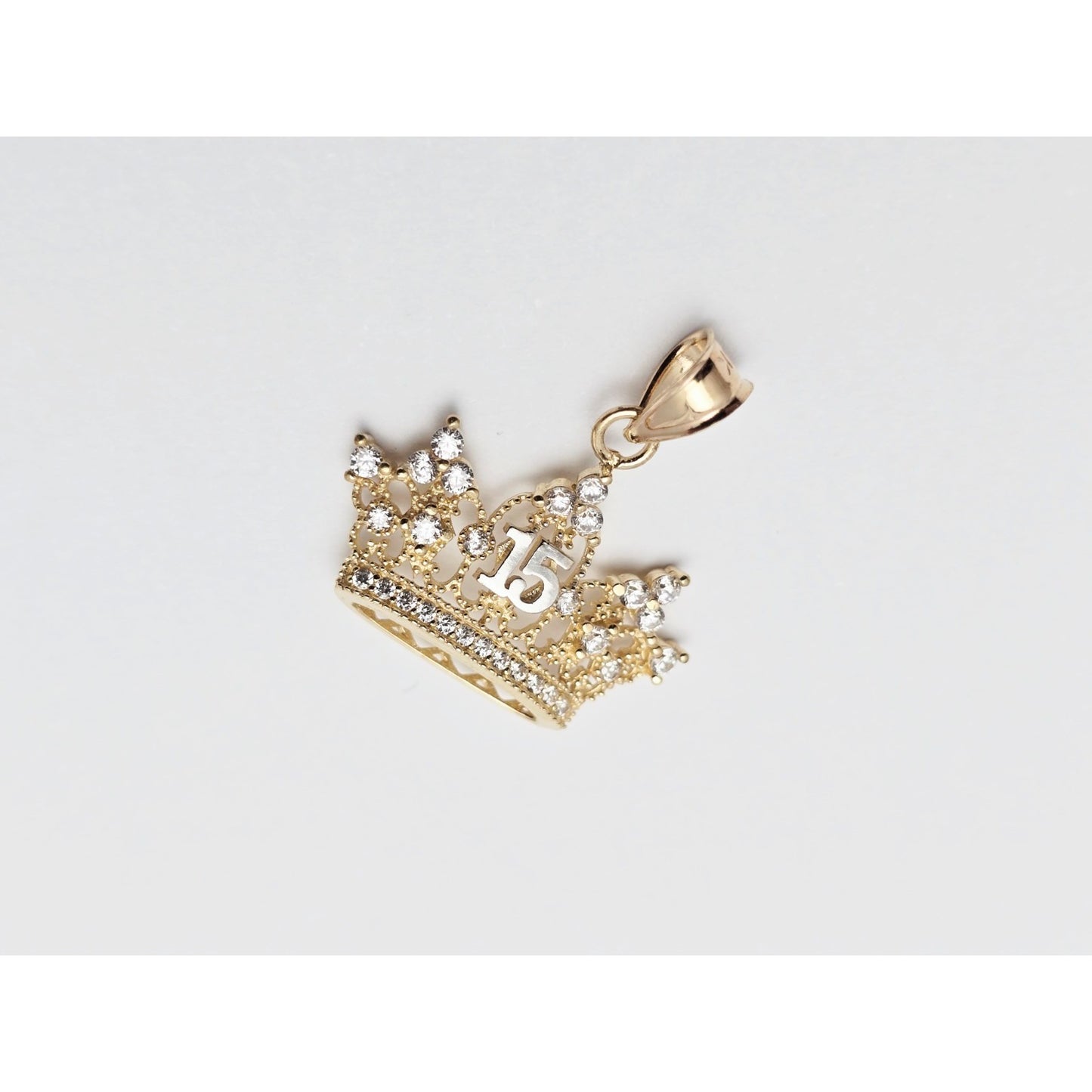 14K Two Tone Gold CZ Quinceanera Crown Tiara 15 Pendant Charm
