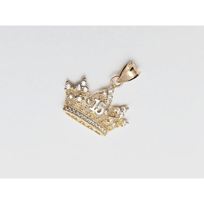 14K Two Tone Gold CZ Quinceanera Crown Tiara 15 Pendant Charm