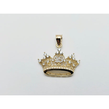 14K Two Tone Gold CZ Quinceanera Crown Tiara 15 Pendant Charm