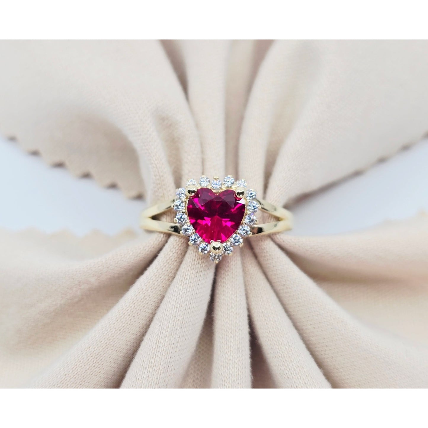 14K Yellow Gold Heart Shaped Synthetic Ruby & CZ Ring