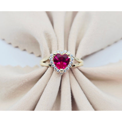 14K Yellow Gold Heart Shaped Synthetic Ruby & CZ Ring
