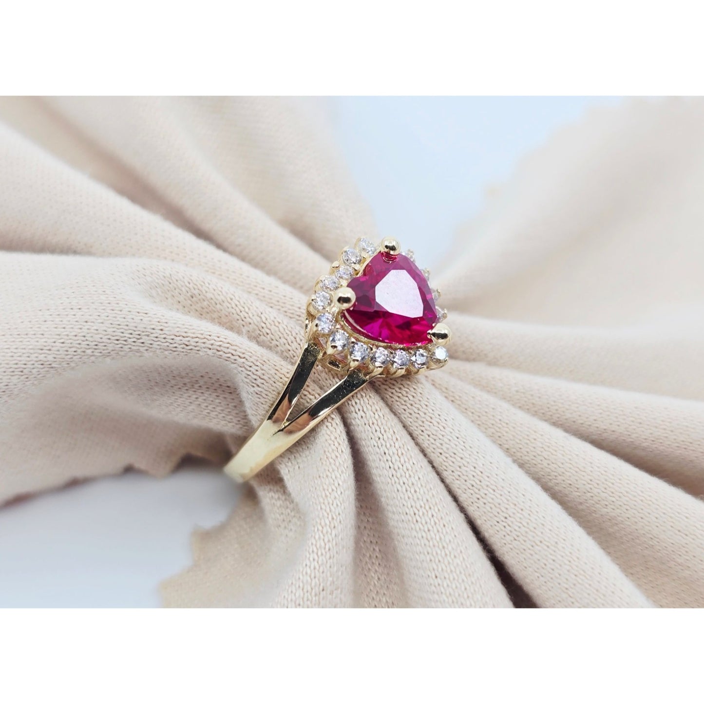 14K Yellow Gold Heart Shaped Synthetic Ruby & CZ Ring
