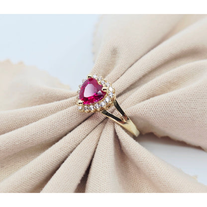14K Yellow Gold Heart Shaped Synthetic Ruby & CZ Ring
