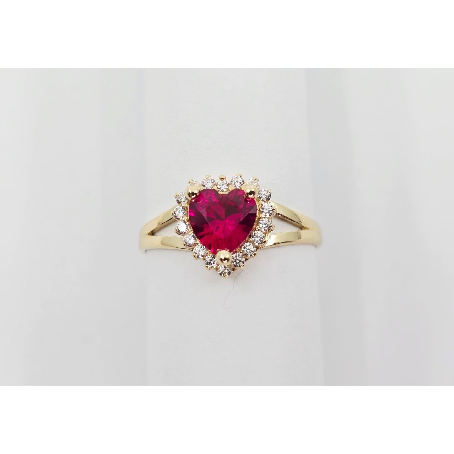 14K Yellow Gold Heart Shaped Synthetic Ruby & CZ Ring