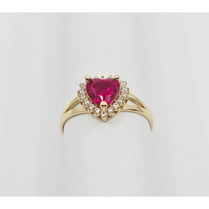14K Yellow Gold Heart Shaped Synthetic Ruby & CZ Ring
