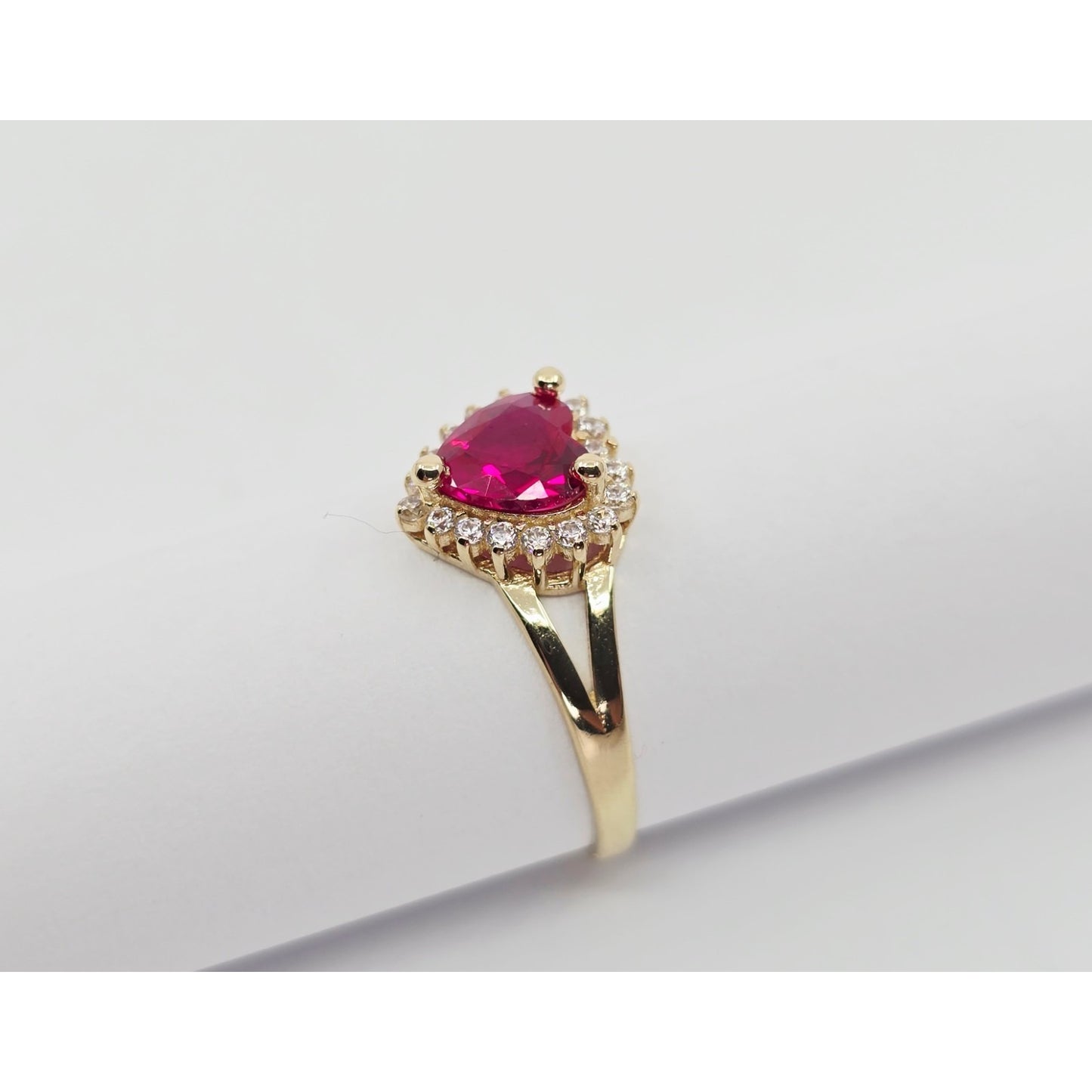 14K Yellow Gold Heart Shaped Synthetic Ruby & CZ Ring