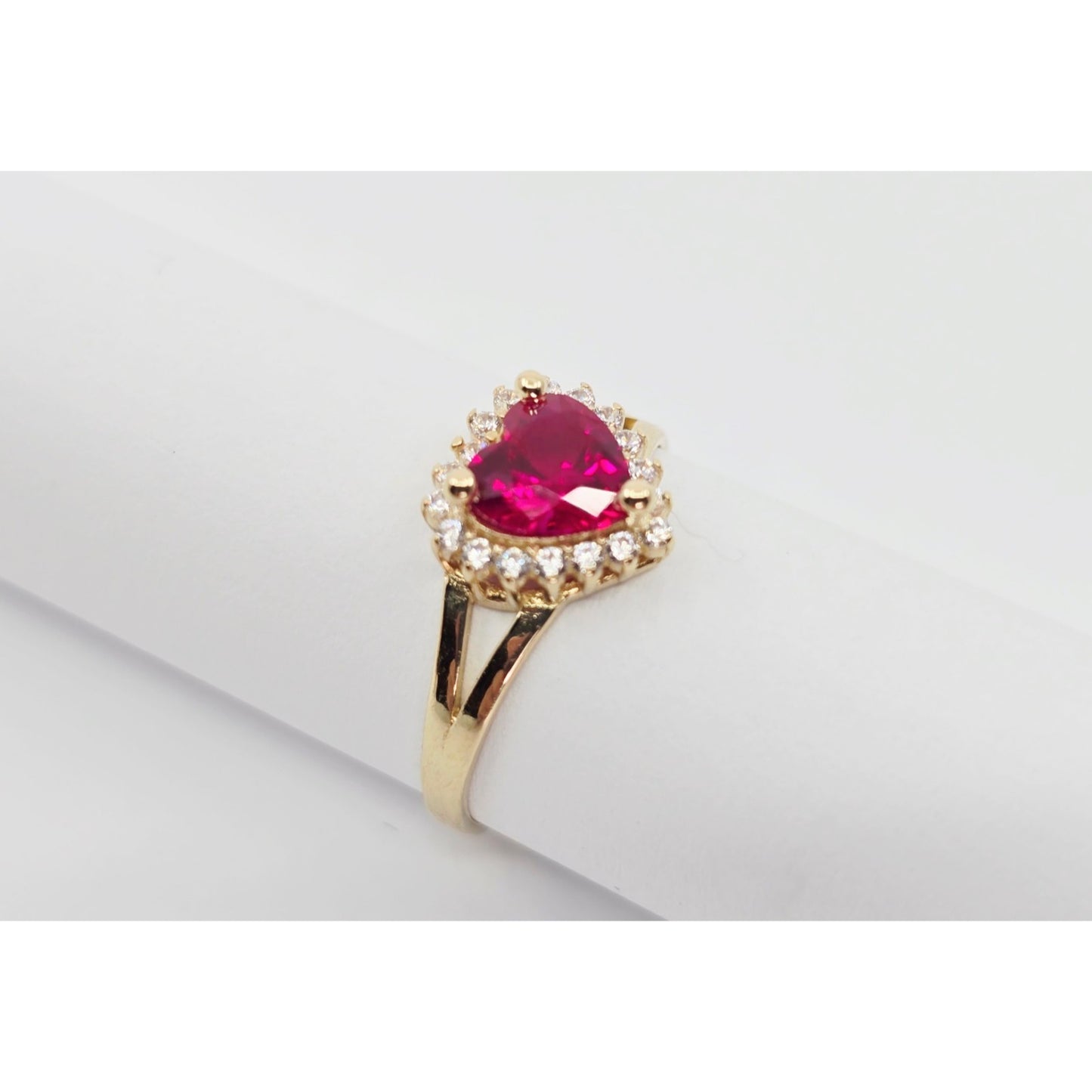 14K Yellow Gold Heart Shaped Synthetic Ruby & CZ Ring