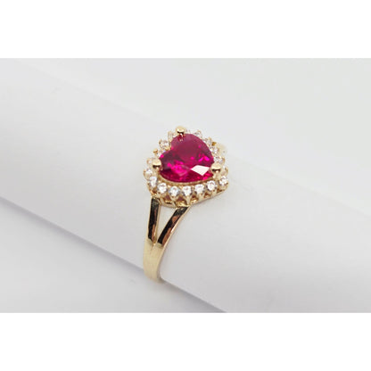 14K Yellow Gold Heart Shaped Synthetic Ruby & CZ Ring