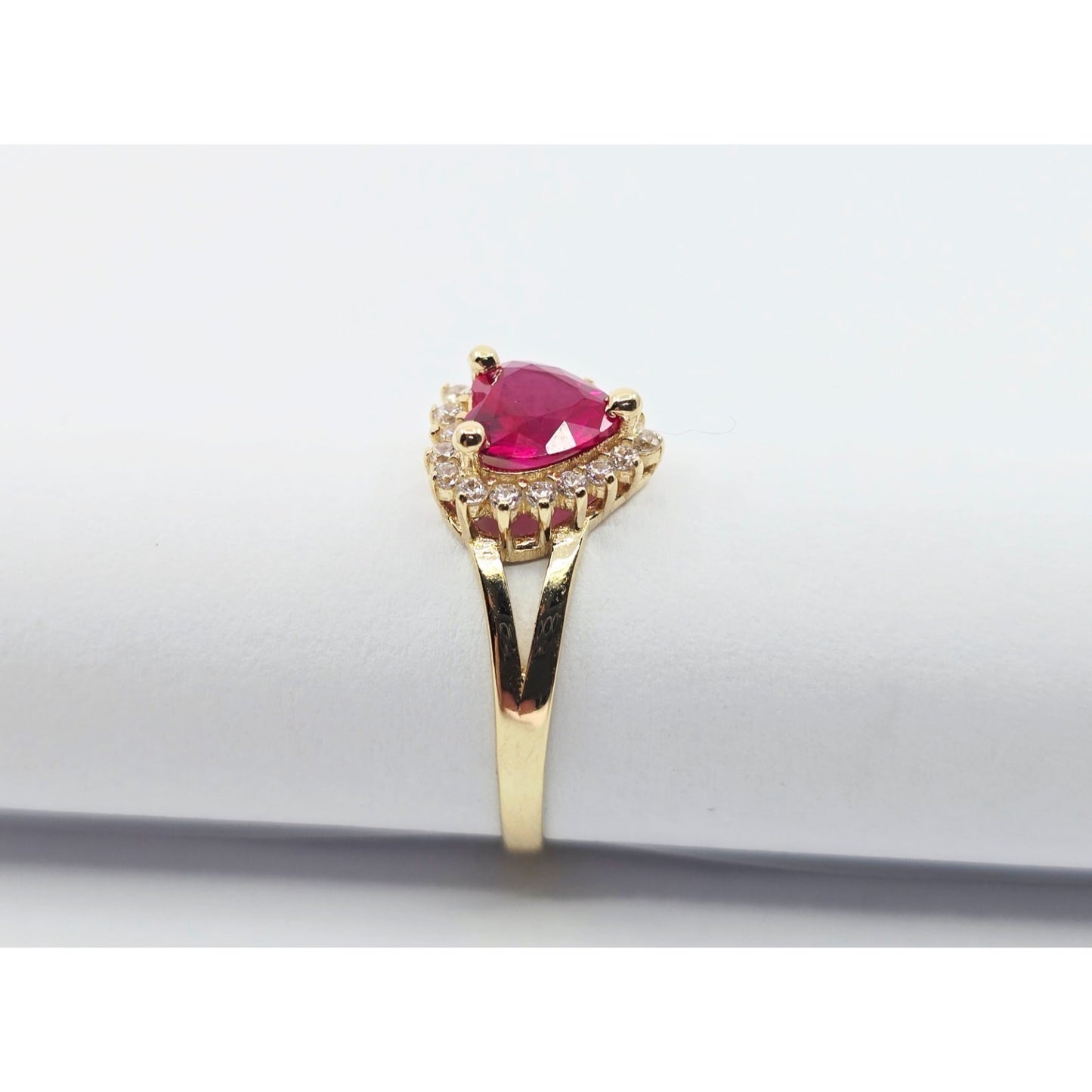 14K Yellow Gold Heart Shaped Synthetic Ruby & CZ Ring